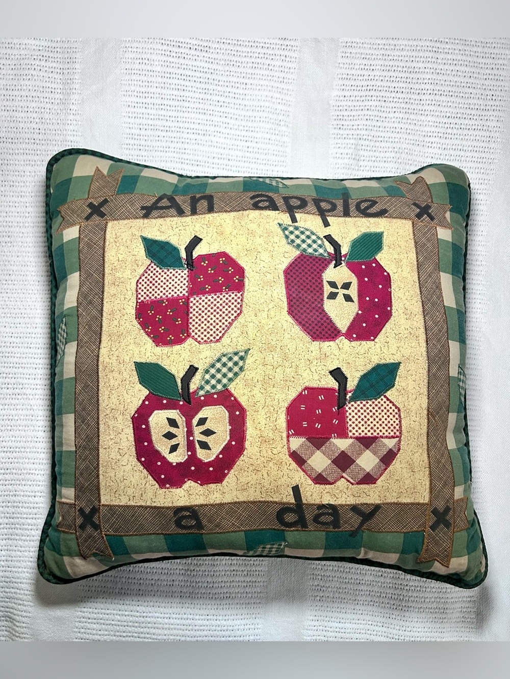Quilted ‘An Apple a Day’ Plaid Striped Throw Pillow Accent Pillow